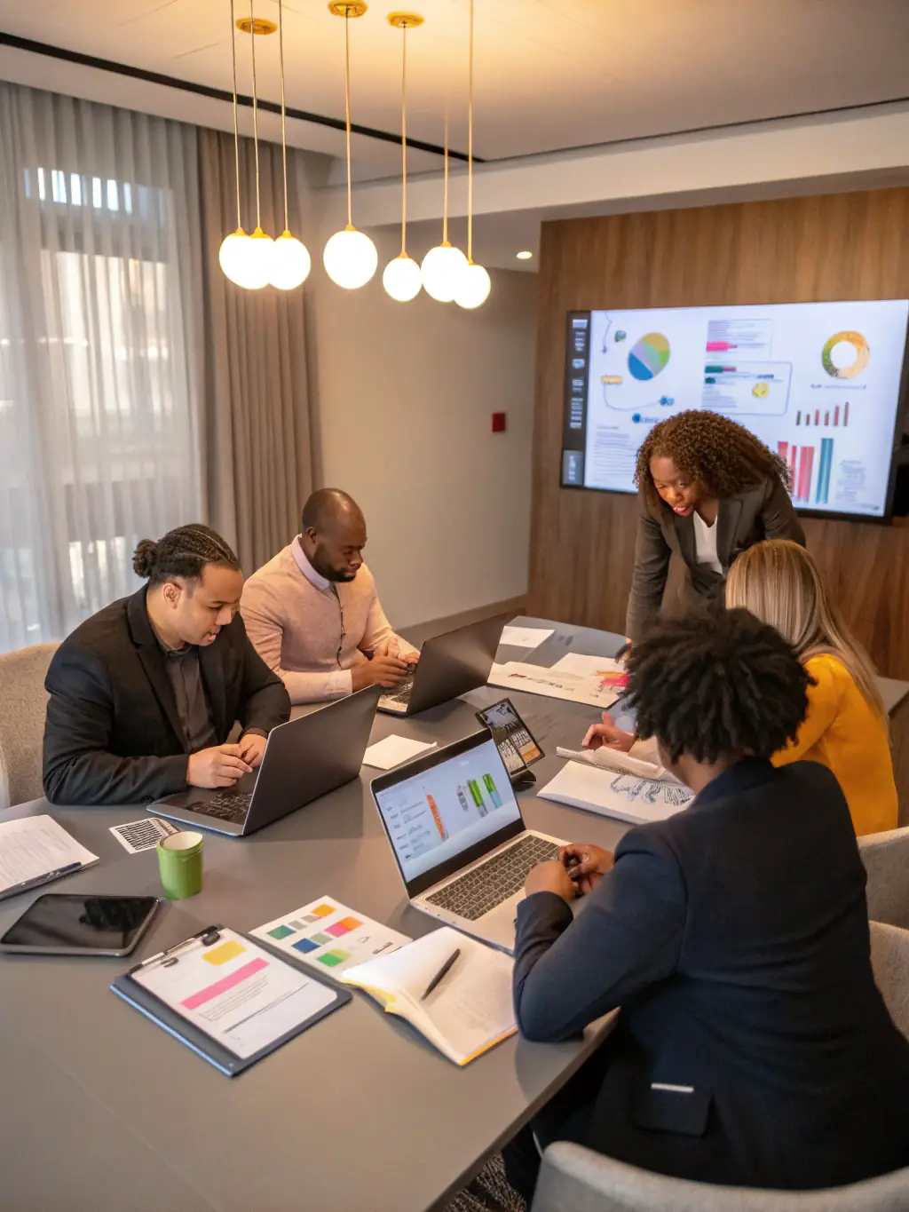A professional photo showcasing a team brainstorming ideas for a digital marketing campaign in a modern office setting, representing Sel Adverttu SPV 2 Ltd's innovative approach to digital advertising.